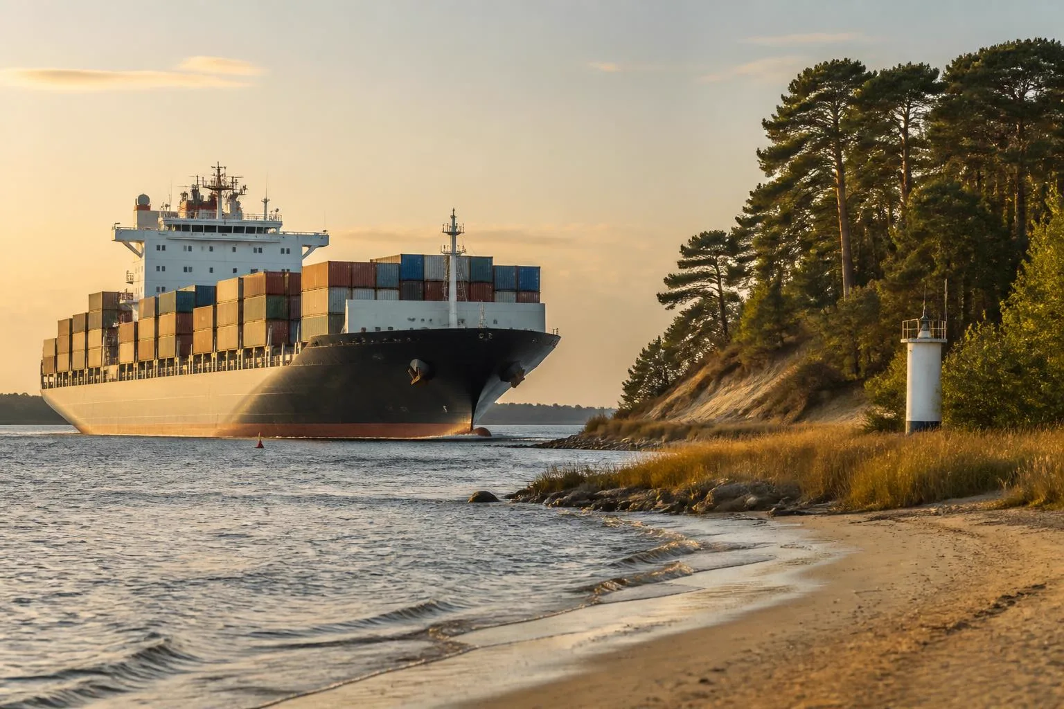 Großes Containerschiff auf einem breiten Strom, am sandigen Ufer Kiefern und ein weißes Signalbauwerk