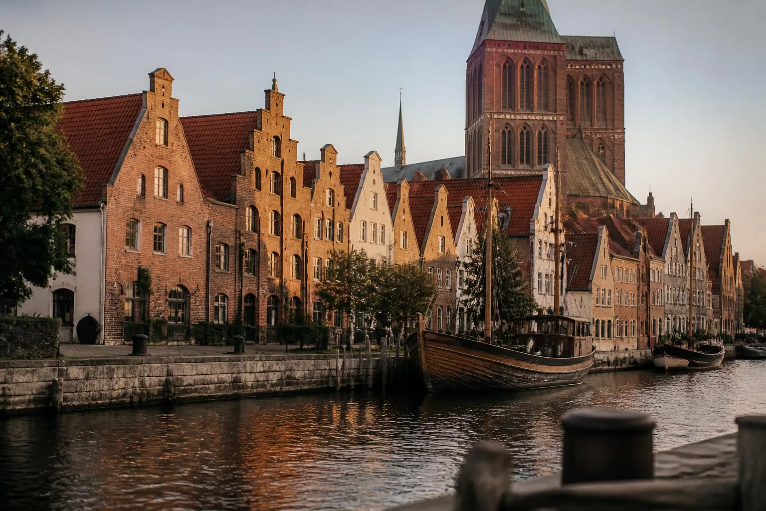Backsteingiebel und ein mächtiger Kirchturm über einem alten Hafenbecken mit hölzernem Segelboot