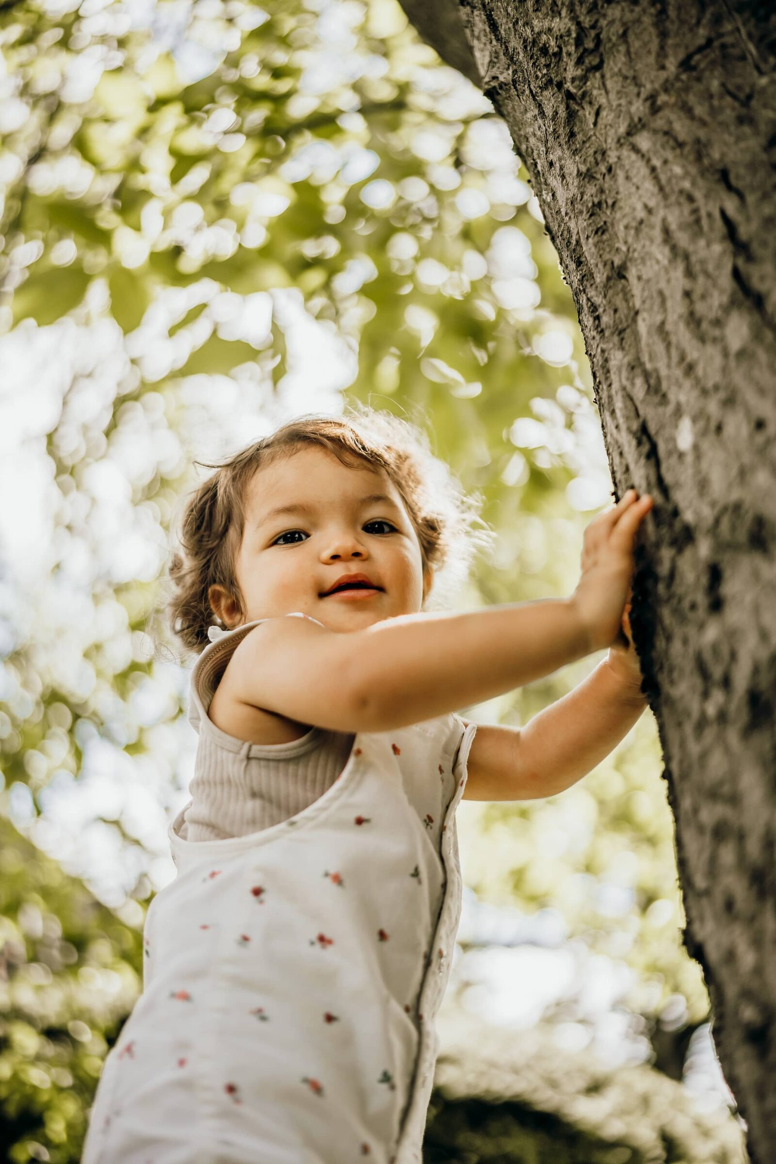 Kindergartenfoto: Kleinkind hält sich lachend an einem Baumstamm fest, Blätter im Hintergrund